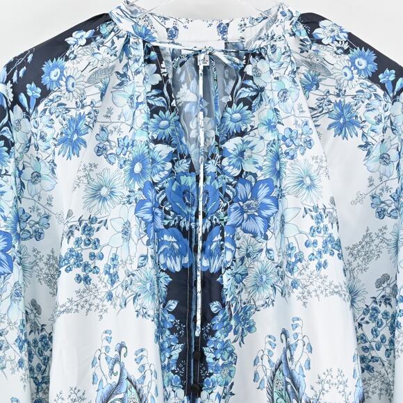 FATE Womens Billow Sleeve Blouse Top Sz S Blue Floral Tie Neck Button Boho Retro - Picture 9 of 12